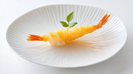 Golden shrimp tempura neatly placed on a white plate, set against a white background for a clean, minimalist presentation.の素材
