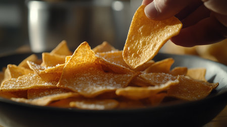 Hand gently picking a crispy chip from a plate filled with golden chips, with close-up details of texture and salt.の素材