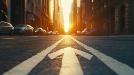 Detailed shot of a one-way bicycle lane with bright white markings and arrow pointing forward on a sunny street.の素材