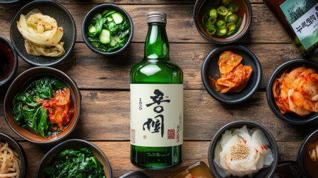 Green soju bottle surrounded by Korean side dishes like kimchi, spinach, and pickled radish, on a rustic wooden table.の素材