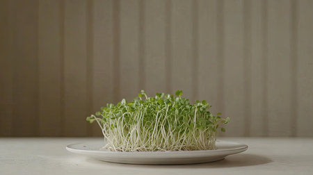 Fresh bean sprouts on a clean, white plate with a minimalist background, emphasizing their texture and natural beauty.の素材