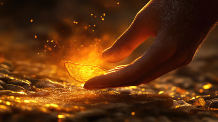 Hand picking up a golden potato chip from a full plate, with texture and salt grains highlighted under warm light.の素材