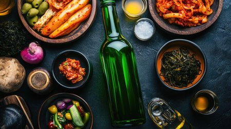 Green soju bottle paired with a variety of Korean side dishes, featuring small plates of kimchi, seaweed, and pickled radishes.の素材