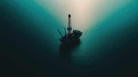 High-angle aerial shot of a lone offshore drilling platform surrounded by calm ocean waters, creating a striking contrast between man-made and natural beauty.の素材