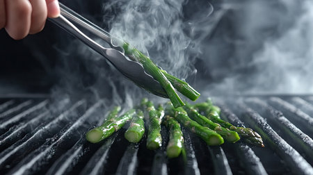 Tongs held by a hand lifting fresh asparagus spears from a grill, with char marks and smoke for a healthy, grilled meal vibe.の素材