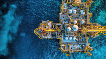 Aerial view of an offshore oil platform in deep blue waters, with a stark contrast between the metal structure and surrounding ocean.の素材
