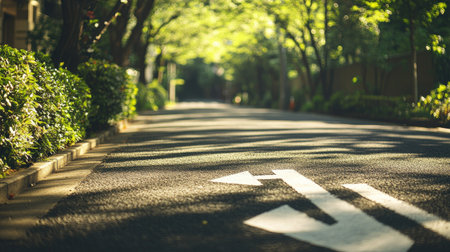 Close-up view of a bicycle lane sign painted on asphalt with a white arrow, bordered by trees and shrubs.の素材