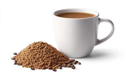 Coffee mug with a pile of ground coffee beans next to it, isolated on a white background for a simple and fresh coffee aesthetic.の素材