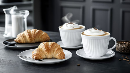 Creamy latte in a white cup and a fresh croissant, set on a retro-inspired dark wooden table.の素材