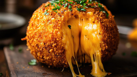 Crispy, golden cheese ball with gooey melted cheese stretching out, showing off a crunchy, textured crust and delicious cheese pull.の素材