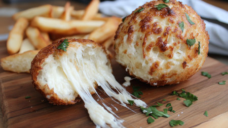 Crispy cheese ball with gooey, stretchy cheese pull, with a focus on the golden crust and melted cheese strings, ideal for a snack theme.の素材