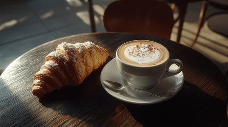 Cup of latte with intricate foam art and a fresh croissant on a dark wooden table with a retro touch.の素材