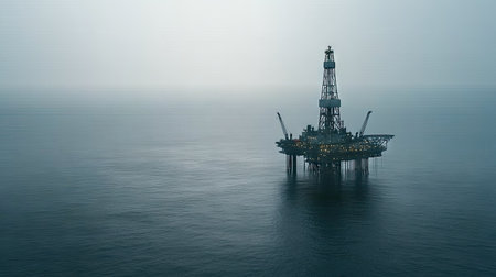 High-altitude shot of an offshore oil drilling platform in the middle of the ocean, highlighting its detailed structure and vast surrounding water.の素材