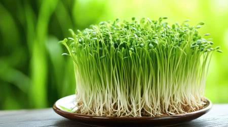 Freshly arranged bean sprouts on a plate, showing crisp white stems and small green tips, ready for a healthy meal.の素材