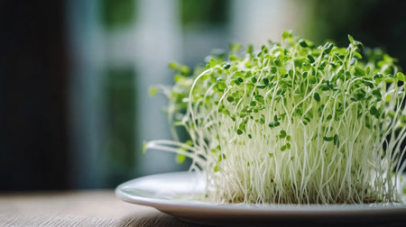 Freshly washed bean sprouts on a white plate, their vibrant color and texture highlighted, perfect for a healthy lifestyle concept.の素材