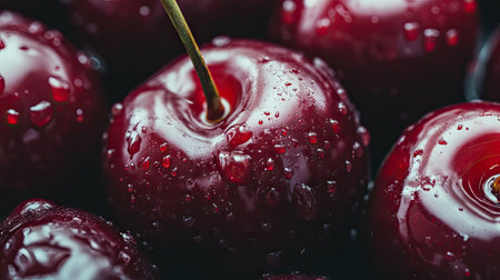 Fresh cherries with water droplets on their glossy red skins, highlighting their juicy, plump texture and rich color, isolated on a white background.の素材