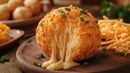 Crispy cheese ball with gooey, stretchy cheese pull, with a focus on the golden crust and melted cheese strings, ideal for a snack theme.の素材