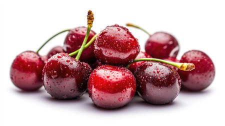 Glossy red cherries with sparkling water droplets on their skins, piled together to highlight their juicy, fresh appeal, isolated on white.の素材