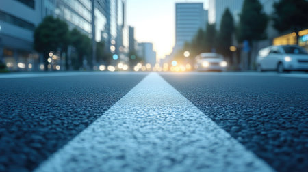 Close-up shot of a one-way bike lane marking with bright white lines, surrounded by clean pavement.の素材