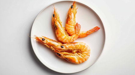 Crispy shrimp tempura on a clean white plate against a plain white background, emphasizing the golden-brown texture and fresh appeal.の素材