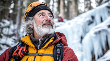 Determined man in full ice climbing gear standing in front of a frozen waterfall, surveying the ice formations.の素材