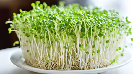 Crisp bean sprouts carefully placed on a white plate, with close-up details of their fresh texture and subtle green accents.の素材