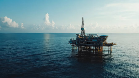 Expansive view of an offshore oil rig in the middle of deep, calm ocean waters, showcasing its industrial strength against nature's blue backdrop.の素材