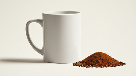 Coffee mug with a small mound of ground coffee beans beside it, on a plain white background, creating a minimalist coffee aesthetic.の素材