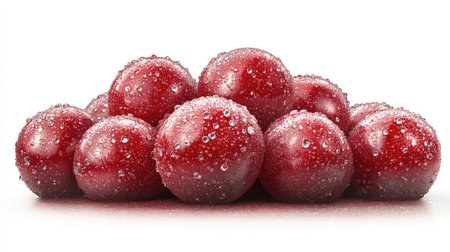 Glossy red cherries with sparkling water droplets on their skins, piled together to highlight their juicy, fresh appeal, isolated on white.の素材