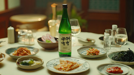 Green soju bottle paired with a variety of Korean side dishes, featuring small plates of kimchi, seaweed, and pickled radishes.の素材