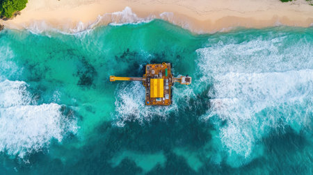 Isolated offshore drilling rig as seen from above, surrounded by vast ocean waters, showing its resilience and scale amidst natural beauty.の素材
