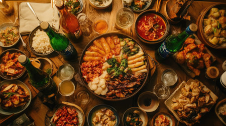 Korean table spread with soju bottles and various side dishes, showcasing colorful textures and an inviting atmosphere.の素材