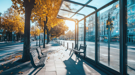 Modern bus stop with clear glass shelter, clean benches, and urban street background on a sunny day.の素材