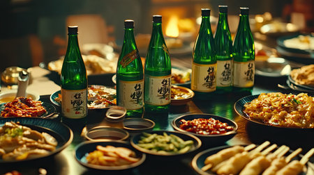Multiple soju bottles beside a variety of Korean side dishes, featuring vibrant greens, reds, and yellows, creating a festive table scene.の素材