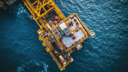 Offshore drilling platform from above, isolated in the middle of deep blue ocean waters, showing a powerful contrast between nature and industry.の素材