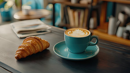 Latte with creamy foam and a croissant on a retro-inspired dark wooden table, giving a cozy, rustic look.の素材