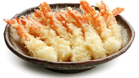 Plate of shrimp tempura with golden-brown batter, isolated on a white background for a simple, elegant presentation of the Japanese delicacy.の素材
