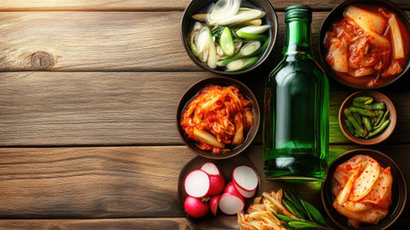 Soju bottle paired with Korean side dishes like kimchi, radishes, and seasoned greens, on a wooden table in warm lighting.の素材