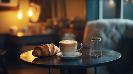 Latte with latte art and croissant on a dark, vintage table, lit with moody light for a warm, nostalgic feel.の素材