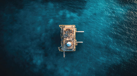 Offshore drilling rig from above, showing its towering structure against the endless blue ocean, isolated yet powerful in its marine environment.の素材