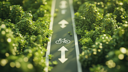 One-way bicycle lane close-up, showing crisp white arrow and bike icon, surrounded by urban greenery.の素材