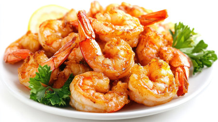 Plate of shrimp tempura with golden-brown batter, isolated on a white background for a simple, elegant presentation of the Japanese delicacy.の素材