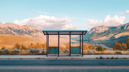 Serene bus stop along a quiet highway, with mountains in the background and golden hour lighting.の素材