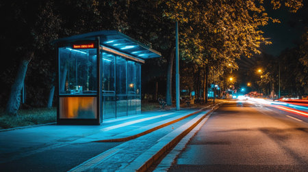 Night view of an illuminated bus stop with glowing streetlights on an empty city road.の素材