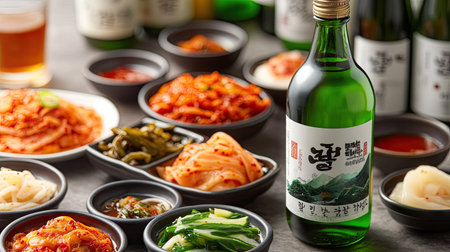 Soju bottle with an array of Korean side dishes on a table, with kimchi, pickled vegetables, and dipping sauces in small bowls.の素材