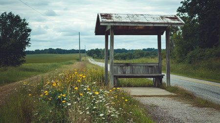 Lonely bus stop along a country road, with an old wooden bench and wildflowers in the foreground.の素材