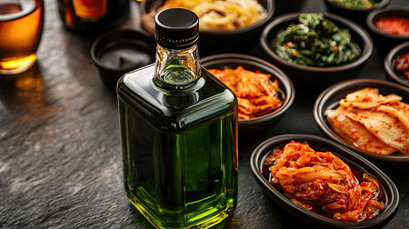 Soju bottle surrounded by traditional Korean side dishes, including colorful kimchi, pickled radish, and spicy vegetables on a dark wooden table.の素材