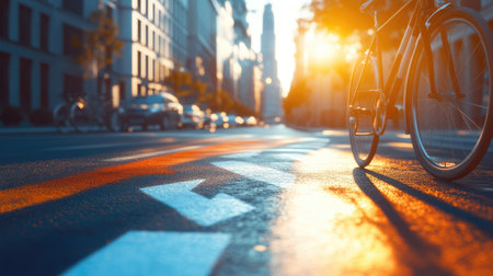 One-way bike lane painted with clear markings and arrow, close-up of details against a calm cityscape background.の素材