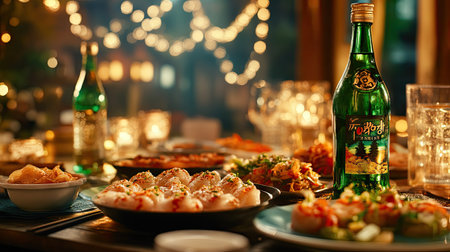 Soju bottle and assorted Korean side dishes, with vibrant colors and textures on a traditional table setting.の素材