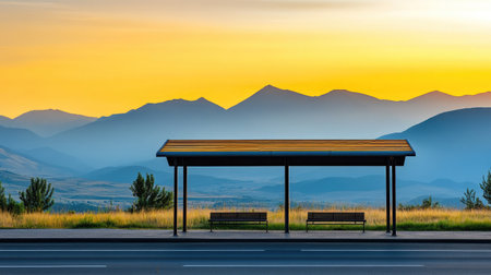 Serene bus stop along a quiet highway, with mountains in the background and golden hour lighting.の素材